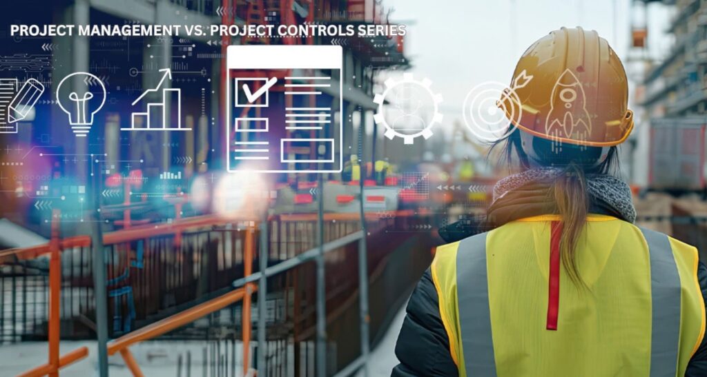 A construction worker in a yellow vest and helmet looks at a busy construction site, overlaid with project management icons and the text Project Management vs. Project Controls Series.
