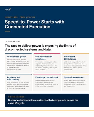 Infographic titled Speed-to-Power Starts with Connected Execution, highlighting challenges in power delivery, including data silos, regulatory standards, AI, renewable energy, cybersecurity, and asset fragmentation.
