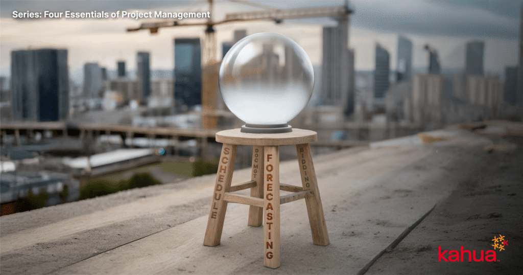 A crystal ball sits on a wooden stool labeled Schedule, Forecasting, and Bidding, with a city skyline blurred in the background. Text reads, “Series: Four Essentials of Project Management.”.