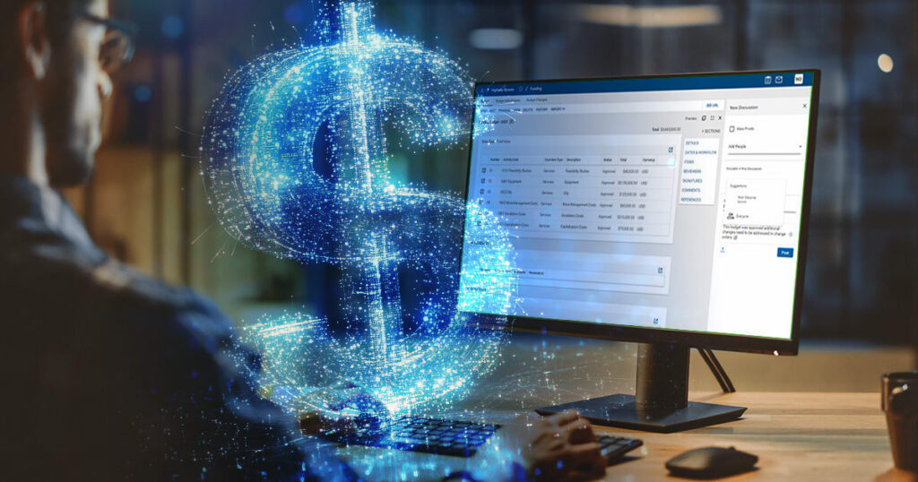 A person working on a computer displaying financial data, with a large digital dollar sign graphic superimposed in the foreground.