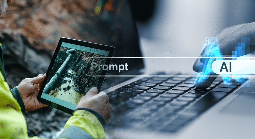 A person holds a tablet showing a pipeline inspection, overlaid with a hand typing on a keyboard and digital text reading Prompt and AI, symbolizing technology and artificial intelligence integration.