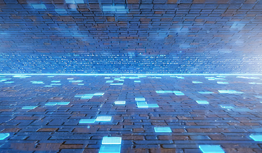 A brick wall and floor with glowing blue digital squares and lines, creating a futuristic, cyber-themed environment. Light reflects off the bricks, enhancing the digital, high-tech atmosphere.