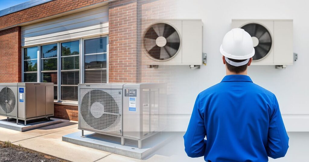 A person in a white hard hat and blue shirt looks at two outdoor air conditioning units mounted on a white wall, with more units shown outside a brick building.