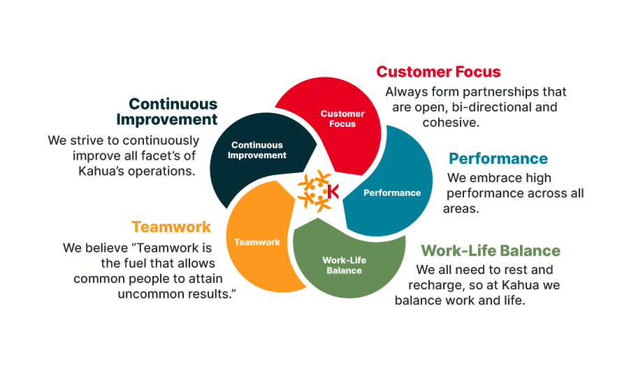 A circular diagram showing five values: Customer Focus, Performance, Work-Life Balance, Teamwork, and Continuous Improvement, each with brief descriptions and distinct colors connecting in the center.