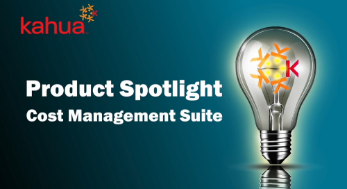 A light bulb with the Kahua logo inside appears next to the text Product Spotlight Cost Management Suite on a blue background. The Kahua logo is also in the upper left corner.