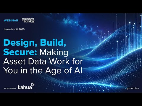 Webinar ad reads: Design, Build, Secure: Making Asset Data Work for You in the Age of AI, Nov 18, 2025, with blue digital waves background and sponsor logos.