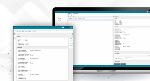 Two computer screens display medical or patient information forms with blue and white interfaces, featuring text fields and navigation menus. The background is light with abstract geometric patterns.