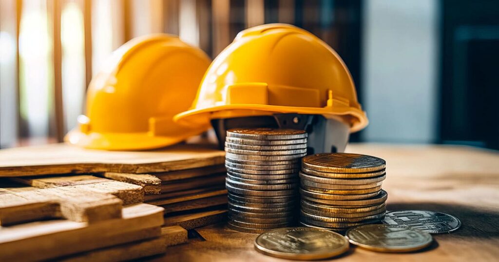 Two yellow construction helmets sit on a table with stacks of coins and wooden planks, symbolizing construction costs and financial planning.