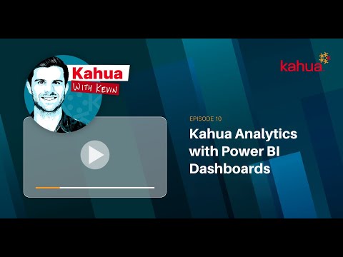 Video thumbnail for Episode 10 of Kahua with Kevin, featuring a portrait of Kevin, the Kahua logo, and the title Kahua Analytics with Power BI Dashboards over a blue background with a play button overlay.