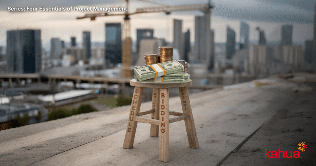 A stool labeled Schedule, Bidding, Document, and Cost supports cash and coins, set on a rooftop with a city skyline and cranes in the background. kahua logo and text appear on the image.