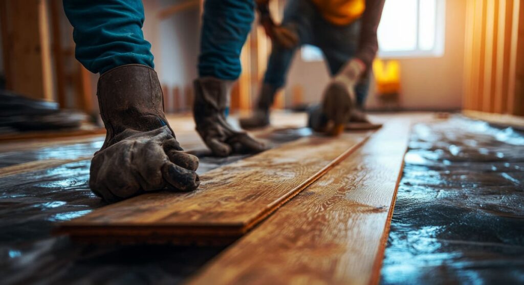 Close-up of workers wearing gloves installing wooden flooring inside a building, with sunlight shining through a window in the background.