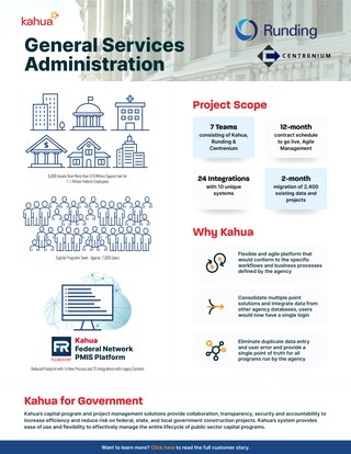 An infographic detailing Kahuas work with the General Services Administration, showing project scope, benefits, and features for government projects, including timelines, integrations, and security. Logos and icons are included throughout.
