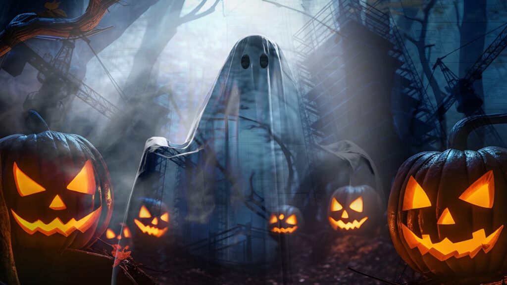 A ghost floats among glowing jack-o-lanterns in a dark, misty forest, with spooky trees and faint silhouettes of structures in the background.