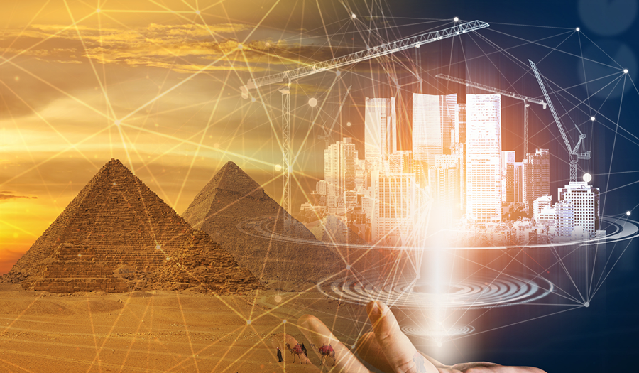 A digital collage showing Egyptian pyramids on the left and a futuristic cityscape on the right, linked by glowing network lines above an open hand at the bottom.