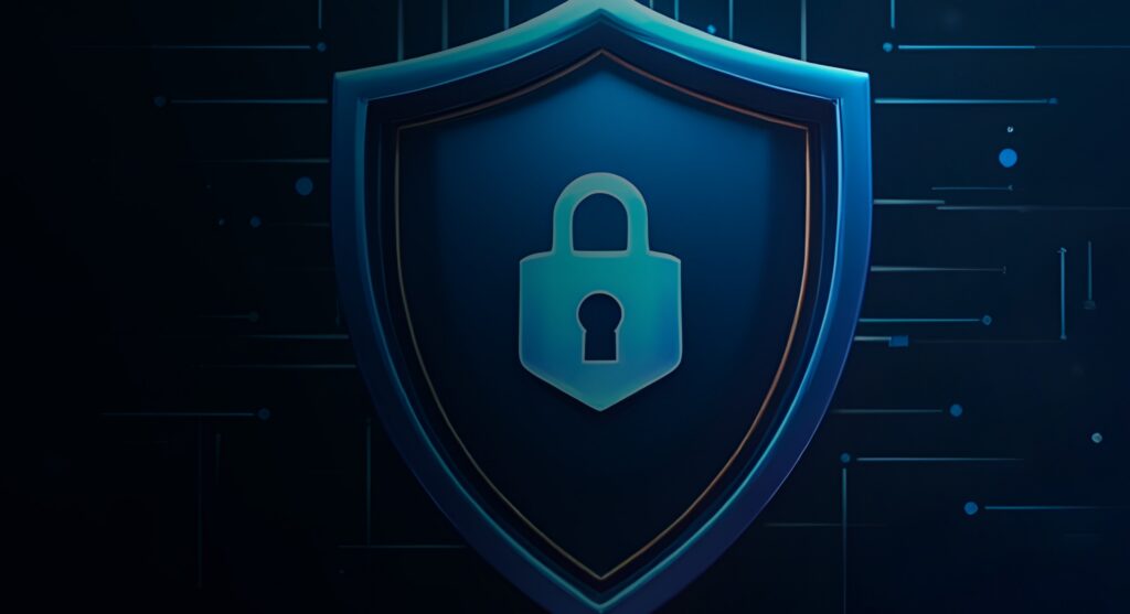 A blue shield with a padlock symbol at its center, representing cybersecurity, is set against a dark background with digital circuit-like lines.