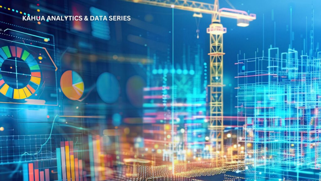 Charts and graphs overlay a cityscape with cranes and digital buildings, representing data analytics in construction. Text reads “Kahua Analytics & Data Series.”.