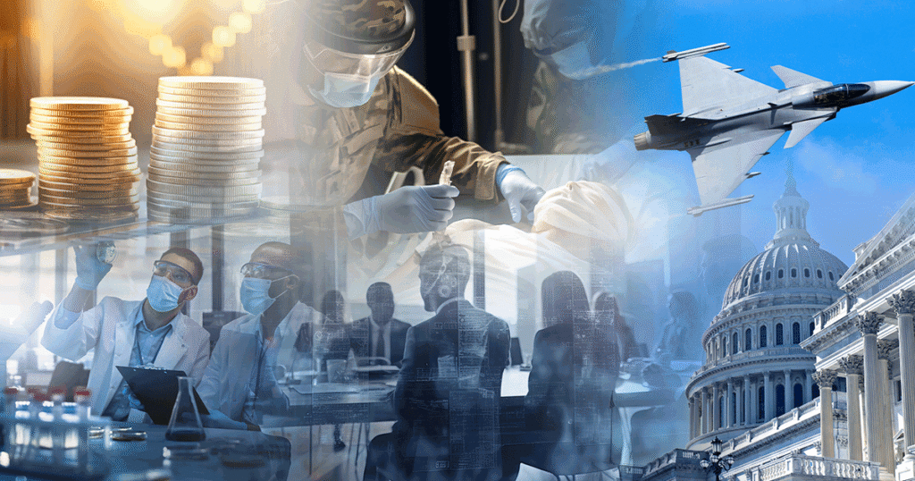 Collage showing coins, scientists in a lab, military staff assisting a patient, a meeting, a fighter jet, and the U.S. Capitol, representing economics, science, healthcare, defense, and government.