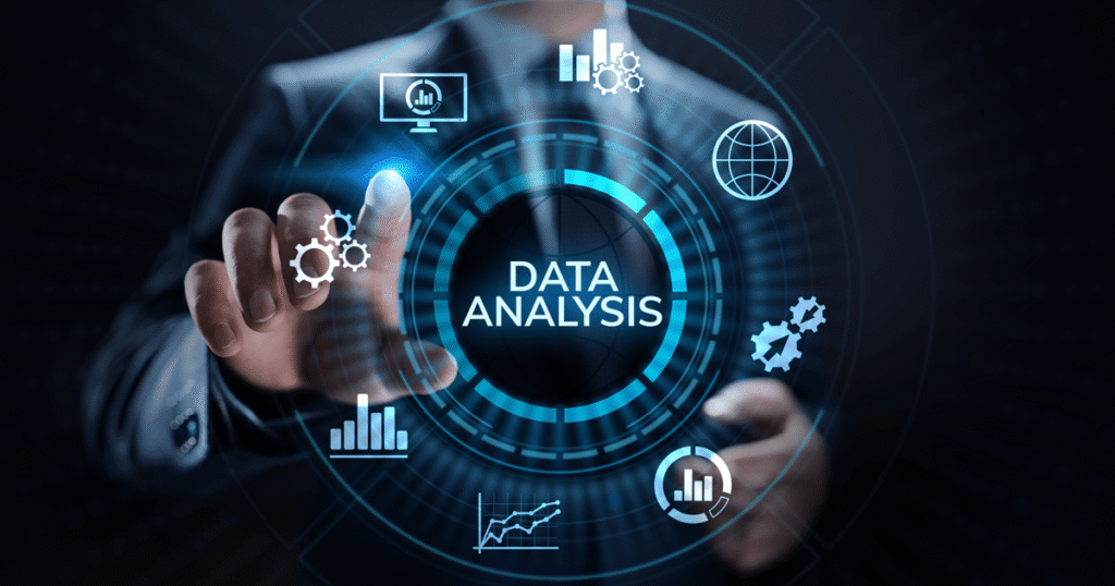A person touches a virtual interface labeled Data Analysis, surrounded by digital icons for graphs, gears, a globe, and charts, symbolizing data processing and analytics technology.