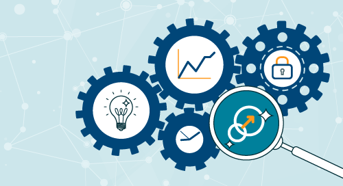 Five blue gears containing icons: a lightbulb, a line graph, a clock, a padlock, and linked circles. A magnifying glass highlights the linked circles. Light blue background with network lines and dots.