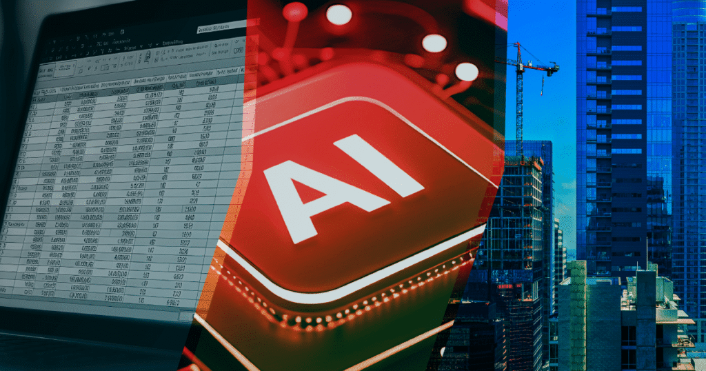 A collage shows a spreadsheet on a laptop, a glowing red AI button, and tall modern buildings with cranes, representing data, artificial intelligence, and urban development.
