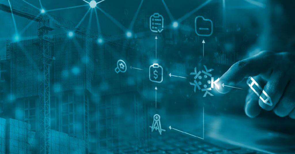 A hand touches a digital interface with various finance and business icons, overlaid on a construction site background, symbolizing technology integration in construction and financial management.