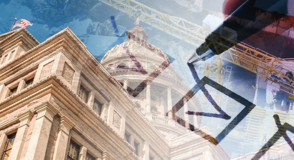 A low angle of a historic building with a flag, overlaid with images of construction cranes and blueprints, symbolizing urban development and architecture.
