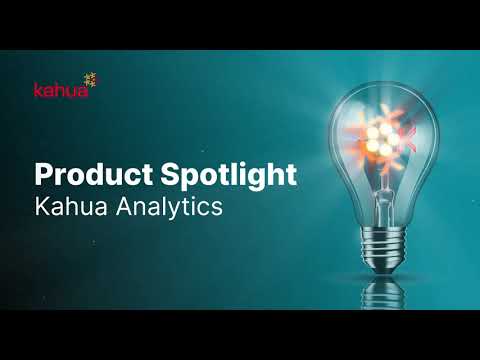 A lightbulb glows with colorful gears inside on a teal background. White text reads “Product Spotlight Kahua Analytics.” The Kahua logo is in red at the top left.