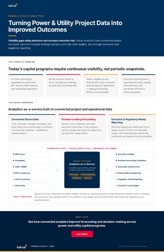 Screenshot of a webpage titled Turning Power & Utility Project Data Into Improved Outcomes, featuring service categories, benefits, and a section promoting analytics for better decision-making in capital programs. Blue and white color scheme.
