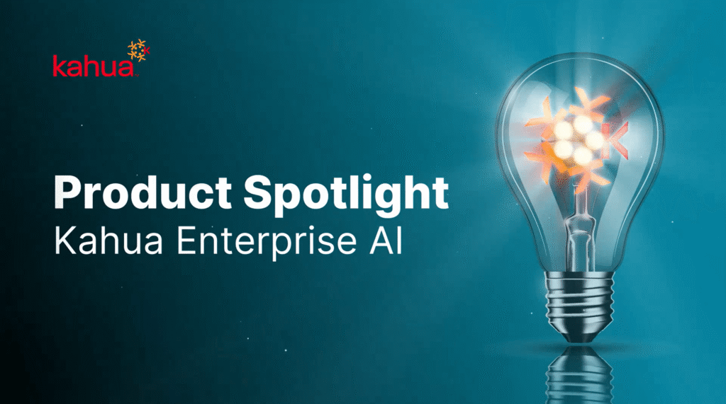 A glowing light bulb with gears inside is shown on a blue background, next to the text Product Spotlight Kahua Enterprise AI and the Kahua logo in the top left corner.