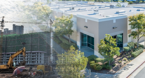 A composite image shows a building under construction with scaffolding and machinery merging into a completed, modern commercial building surrounded by trees and landscaping.
