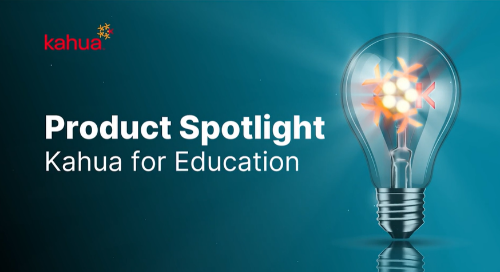 A lightbulb glows on a blue background with text: Product Spotlight Kahua for Education and the Kahua logo in the top left corner.