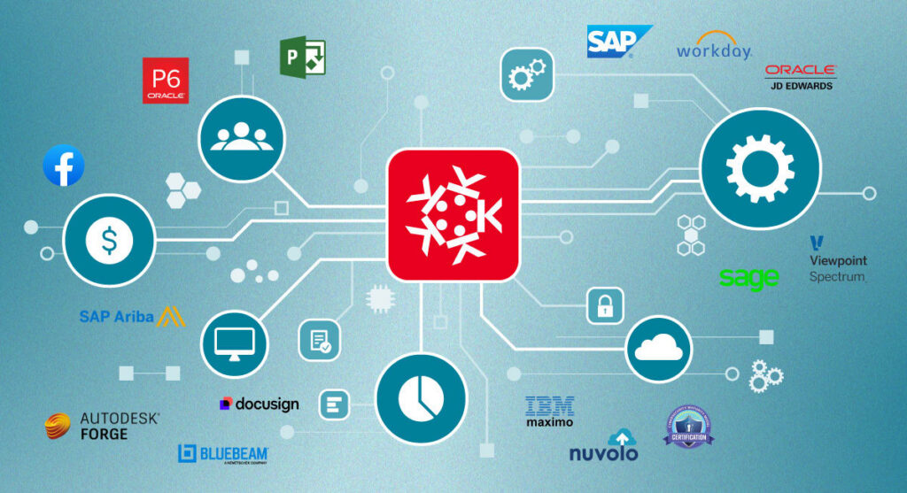 A central red icon with snowflake design is connected to logos of business software platforms like SAP, Oracle, Sage, DocuSign, Facebook, and others on a light blue tech-themed background.