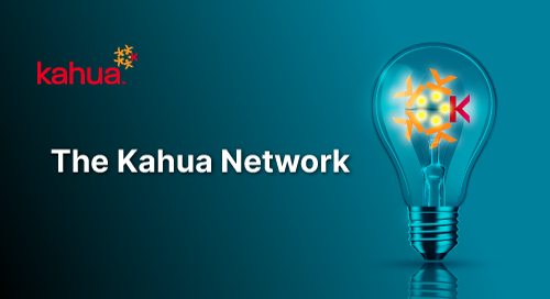 A blue background with The Kahua Network text and the Kahua logo. A lightbulb with a network-like design inside features the same logo element.