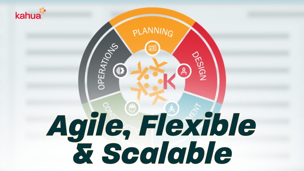 A colorful circular diagram labeled Planning, Design, Procurement, Construction, and Operations, with Agile, Flexible & Scalable text overlay and the Kahua logo in the top left corner.