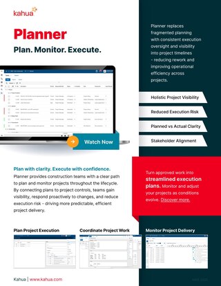 Promotional flyer for Kahua planner software showing a laptop screen, description of features like project visibility, risk reduction, and execution plans. Includes a blue “Watch Now” button and company website link at the bottom.