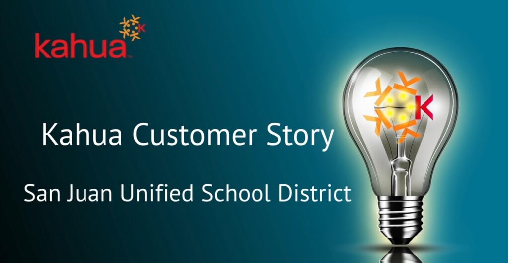 A lightbulb with the Kahua logo inside is on a blue background. Text reads: Kahua Customer Story San Juan Unified School District. The Kahua logo also appears in the upper left corner.