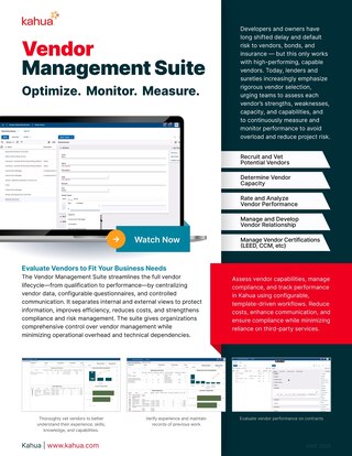 Vendor Management Suite software brochure with screenshots, text about optimizing vendor performance, features list, and a Watch Now button. The brochure uses blue, white, and red colors, with business and data-related graphics.