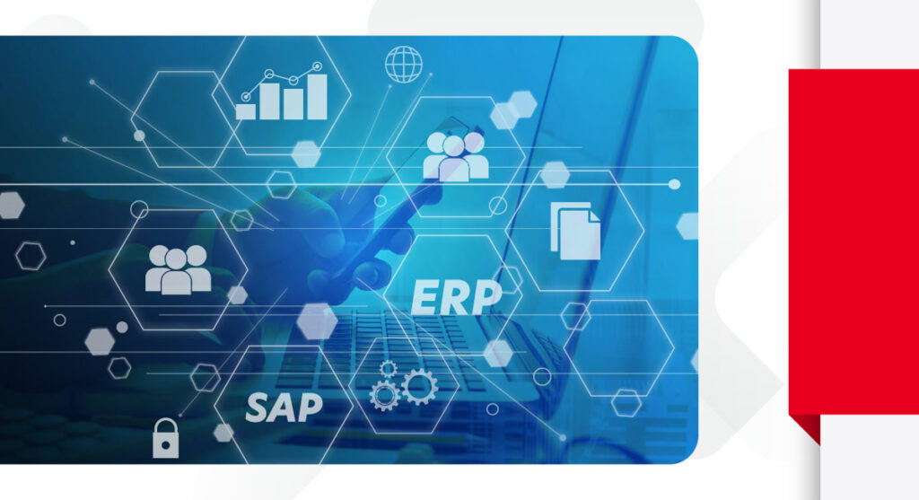 A digital graphic showing a hand touching a tablet with icons for graphs, people, documents, gears, and security. Large text reads ERP and SAP, symbolizing business management software solutions.
