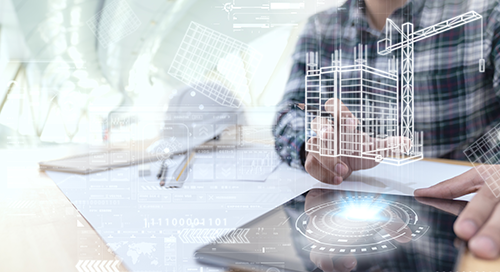 Person using a tablet with digital building and crane holograms overlayed, illustrating modern construction technology and digital planning tools on a desk with blueprints.