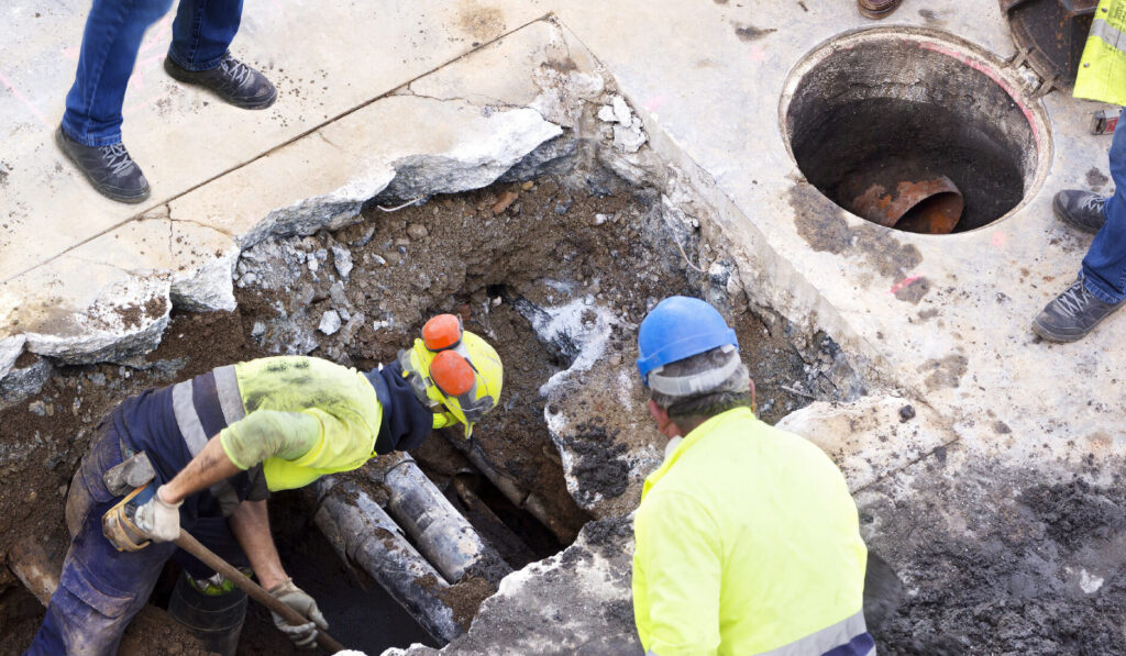 Two construction workers wearing helmets and high-visibility clothing work in a large hole, repairing underground pipes. A round manhole cover and several people’s legs are visible on the surrounding concrete.