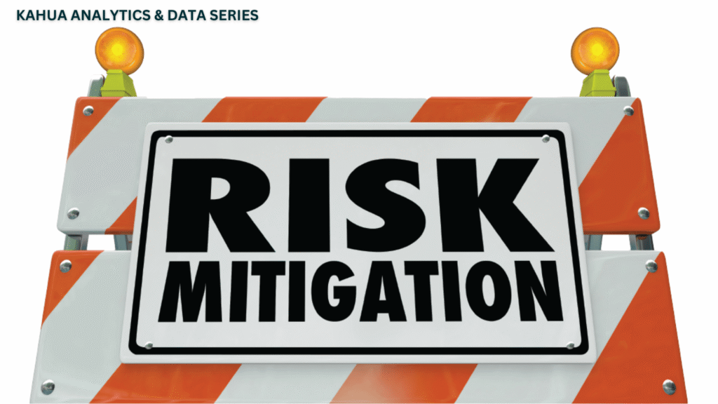 A construction-style barricade with orange lights displays a sign reading RISK MITIGATION in bold black letters. The words KAHUA ANALYTICS & DATA SERIES appear in the top left corner.