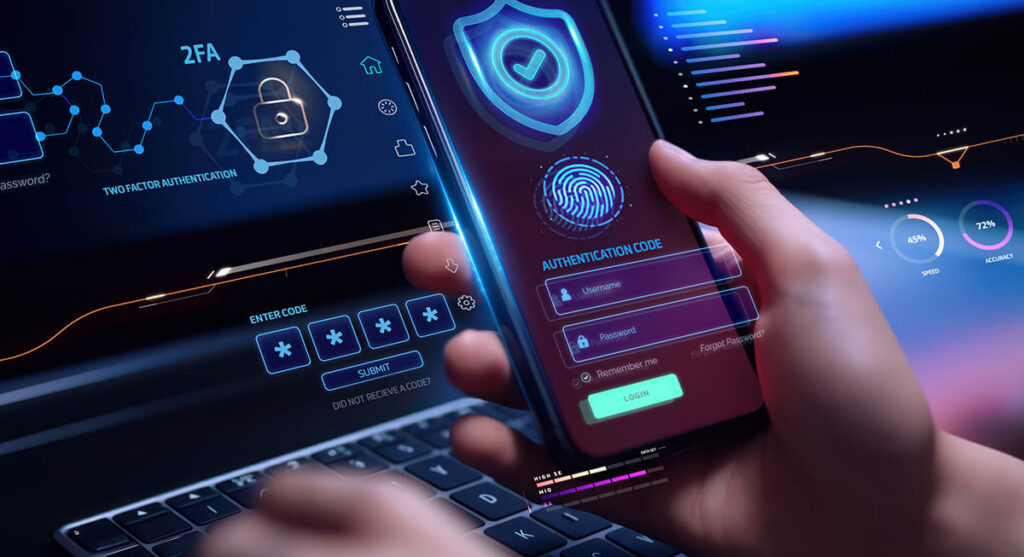 A person holds a smartphone displaying a login screen with fingerprint and code prompts, while typing on a laptop, illustrating two-factor authentication and cybersecurity concepts.