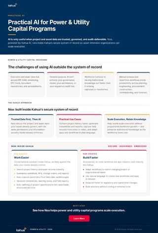 A webpage titled “Practical AI for Power & Utility Capital Programs” describes AI project challenges, Kahuas secure system, and details about Kahua’s Noa solution for capital program management and safe AI adoption.