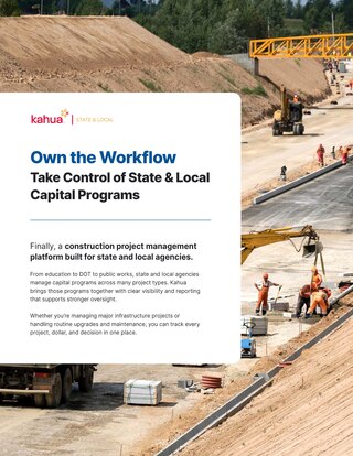 Construction site with workers and vehicles building a road, alongside text about Kahuas project management platform for state and local capital programs.