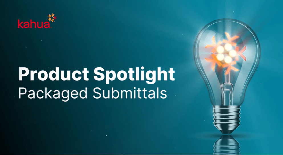 A lightbulb glows on a teal background with the kahua logo. Text reads Product Spotlight Packaged Submittals.
