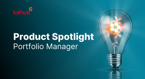 A lightbulb with the Kahua logo glows next to text that reads, “Product Spotlight Portfolio Manager,” on a teal background.