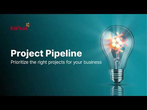 A glowing lightbulb with colorful gears inside is on a teal background. Text reads: Project Pipeline. Prioritize the right projects for your business. kahua logo is in the top left corner.