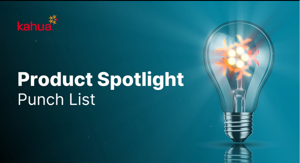 A light bulb glows on a blue background next to the words Product Spotlight Punch List. The Kahua logo is in the top left corner.