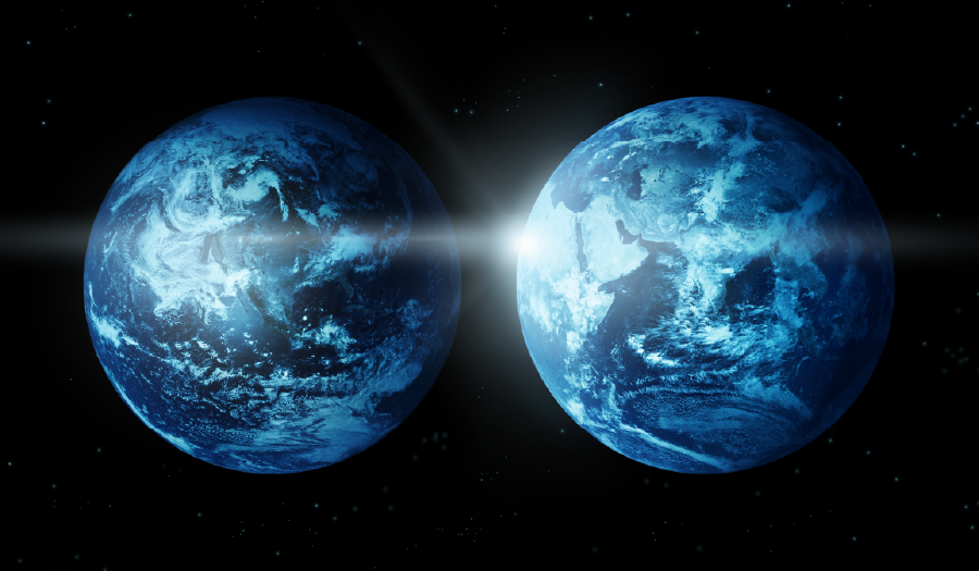 Two identical Earth-like planets appear side by side in space, illuminated by a bright light between them, with stars scattered in the dark background.