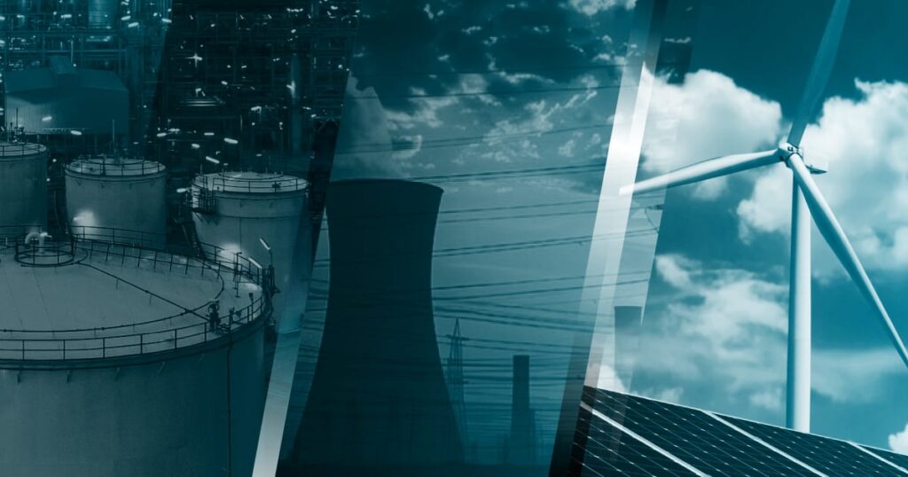 Composite image showing oil storage tanks, a nuclear power plant, and a wind turbine with solar panels, representing various energy sources against a blue-toned industrial backdrop.